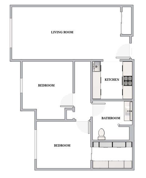 A drawing of a house layout with a living room, kitchen, and three bedrooms.